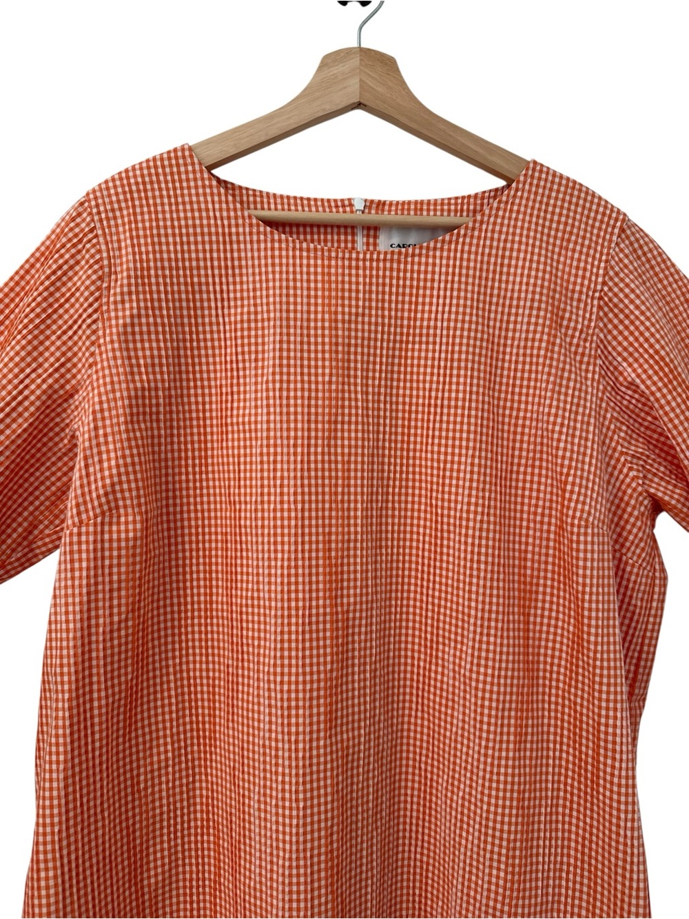 Caroline Rose Women’s Peach Orange Gingham Shift Dress with Ruffle Sleeves - Picture 5 of 12